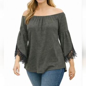 WIN WIN Gray Lace Pullover Tunic Wear ON/OFF SHOULDERS Size S-M